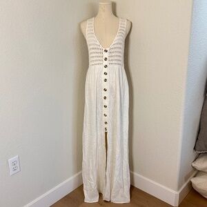 White Crochet Button-Front Maxi Dress Size L NWT Boho
